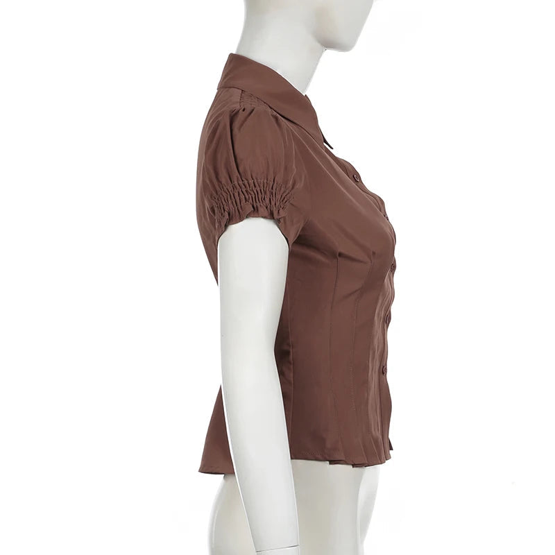 Aiertu  -  Fashion Chic Brown Summer Shirts Female Folds Slim-Waist Vintage Y2K Top Buttons Pleated Blouse Cropped Clothes Aiertu