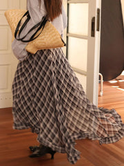 Aiertu  -  Irregular Fungus Hem Long Skirt Women New Mid Waist Chiffon A-line Skirts Summer Fashion Vintage Casual Red Plaid Long Skirt Aiertu