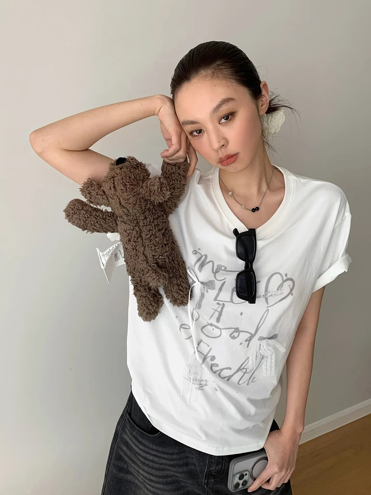 Aiertu  -  Summer new Korean loose letter printing lace bow decoration loose round neck short-sleeved T-shirt Aiertu
