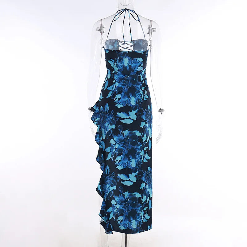 Aiertu  -  Blue Ruffle Beachwear Halter Dress Bandage Midi Dress Holiday Outfits Vacation Off Shoulder Dress Sleeveless Backless Dress Sexy Aiertu