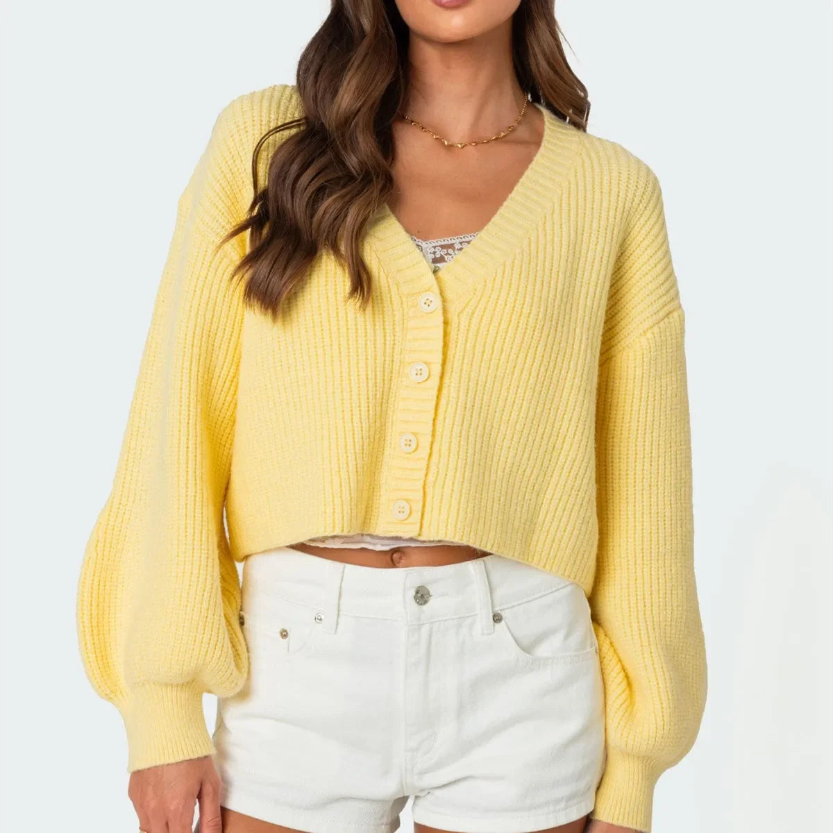 Aiertu  -  Women's Knit Crop Cardigan Casual Loose Solid Color V Neck Long Sleeve Button Down Sweater for Winter Fall Streetwear Aiertu
