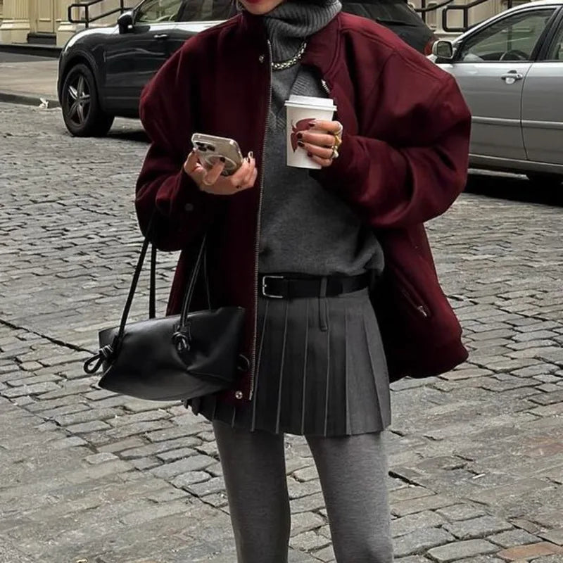 Aiertu  -  Chic Stand Collar Zipper Baseball Jersey Women Loose Casual Long Sleeve With Pocket Jackets Autumn Winter New Female Coats Aiertu