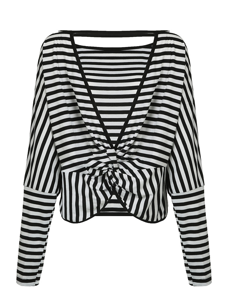 Aiertu - summer inspo Twist Backless Loose Casual Stripe Long Sleeve T Shirt Women Contrast Binding O Neck Minimalist Pullover Tops Aiertu