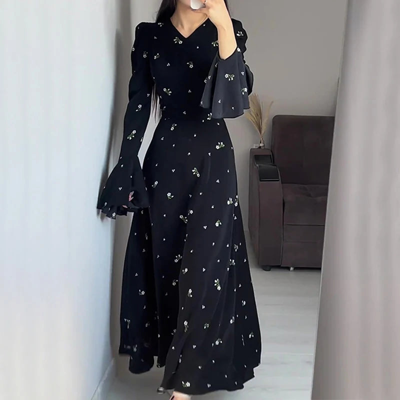 Aiertu  -   Literary Retro Style Women's Black Floral Dress V Neck Long Flare Sleeved High Waist Ruffles Casual Elegant Long Dress Aiertu