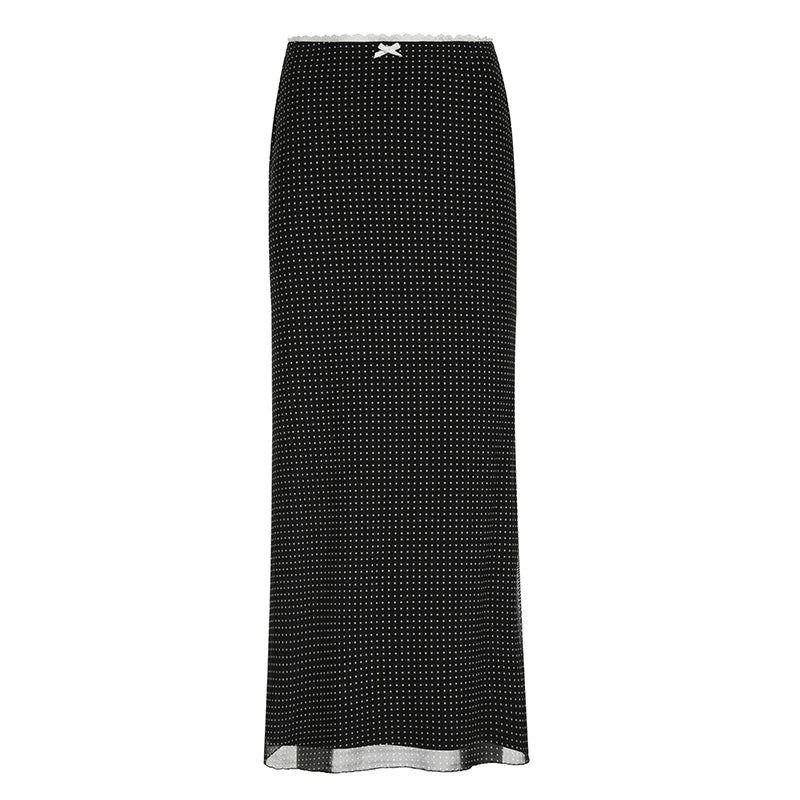 Aiertu  -  Elegant Chic Polka Dot Mesh Skirt Women Lace Trim Bow Vintage Fashion Party Long Skirts Double Layer Bottoms Outfits Aiertu