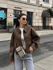 Aiertu  -  Fashion Brown Short Woolen Jacket For Women Elegant Lapel Long Sleeves Zipper Cropped Coats Autumn Chic Lady High Street Outwear Aiertu