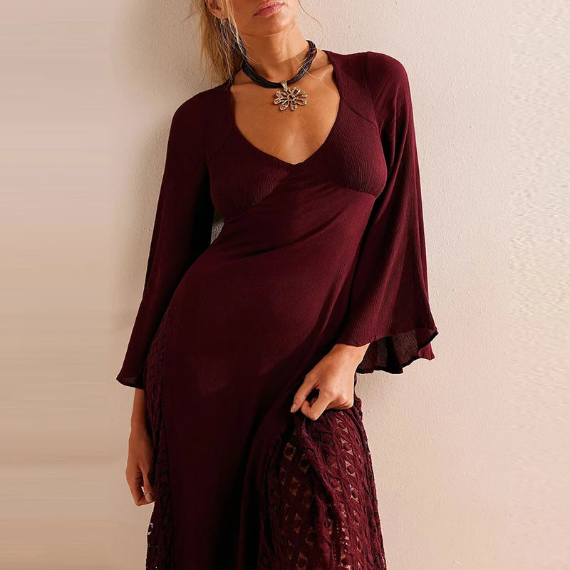 Aiertu  -  Casual Solid Flare Long Sleeved Dresses Elegant V Neck Lace Up Beach Vacation Dresses Fashion Lace Embroidery Women Long Dresses Aiertu
