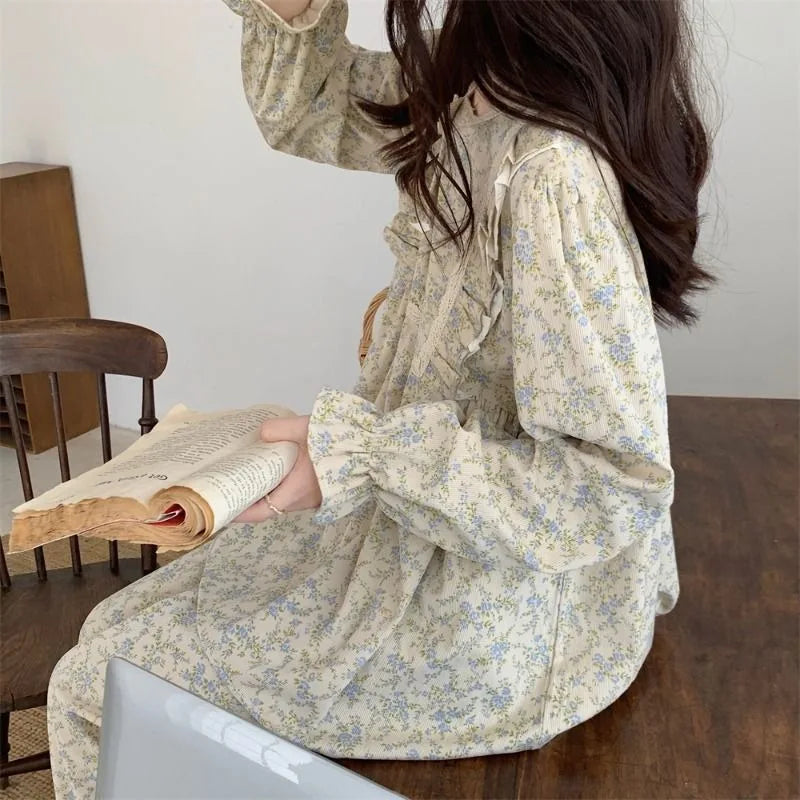 Aiertu Long Sleeve Nightgowns Women Floral Bow Temper Autumn Home Cozy Aesthetic O-neck Prairie Chic All-match Sleepwear Korean Style Aiertu