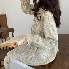 Aiertu Long Sleeve Nightgowns Women Floral Bow Temper Autumn Home Cozy Aesthetic O-neck Prairie Chic All-match Sleepwear Korean Style Aiertu