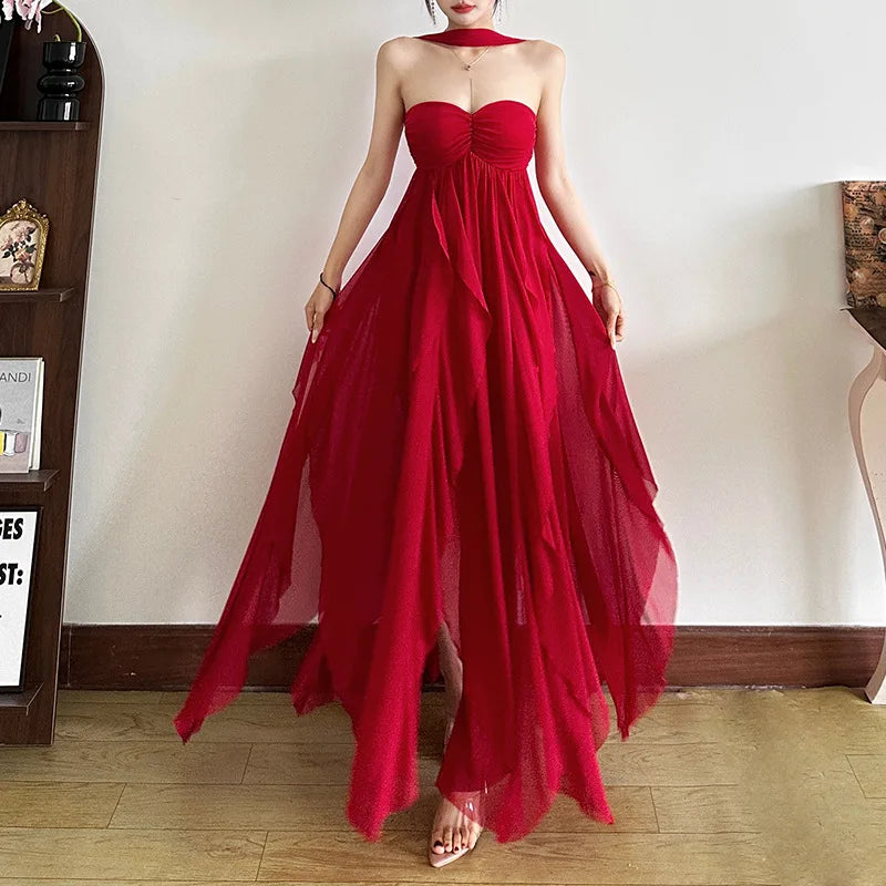 Aiertu  -  Chiffon Red Party Dresses Sexy Elagant Irregular Ruffle Sleeveless Backless Long Dresses for Women P94-FI59 Aiertu