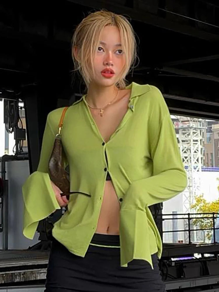Aiertu  -  Green Women's Shirt Basic Top Spring V Neck Button Blouses Sexy Crop Top Long Sleeve Top Ladies Club Party T Shirts Blouse Aiertu