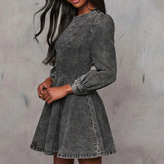 Aiertu  -  Women's Casual Long Sleeve Solid Color Mini Dress 2026 Elegant Pleated A-Line Dress Fashion O-neck High Waist Slim Denim Dresses Aiertu