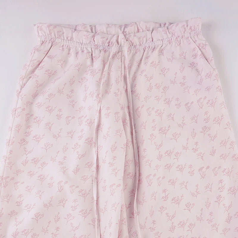 Aiertu  -  Cute Coquette Pink Floral Print Casual Pants y2k Aesthetic Lace-up Low Rise Loose Straight Pants Korean Fashion Trousers Aiertu