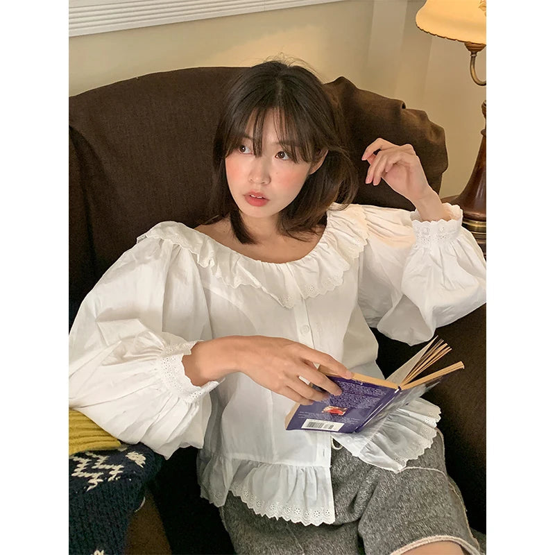Aiertu Pure Cotton White Shirts Women Vintage Lace Patchwork Blouses Korean Elegant Ruffles Lantern Long Sleeve Casual Tops New Aiertu