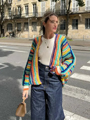Aiertu  -  Women Fashion Colorful Stripes Crochet Knitted Cardigan Elegant Long Sleeves Open Front Sweater Coat 2026 Autumn High Streetwear Aiertu
