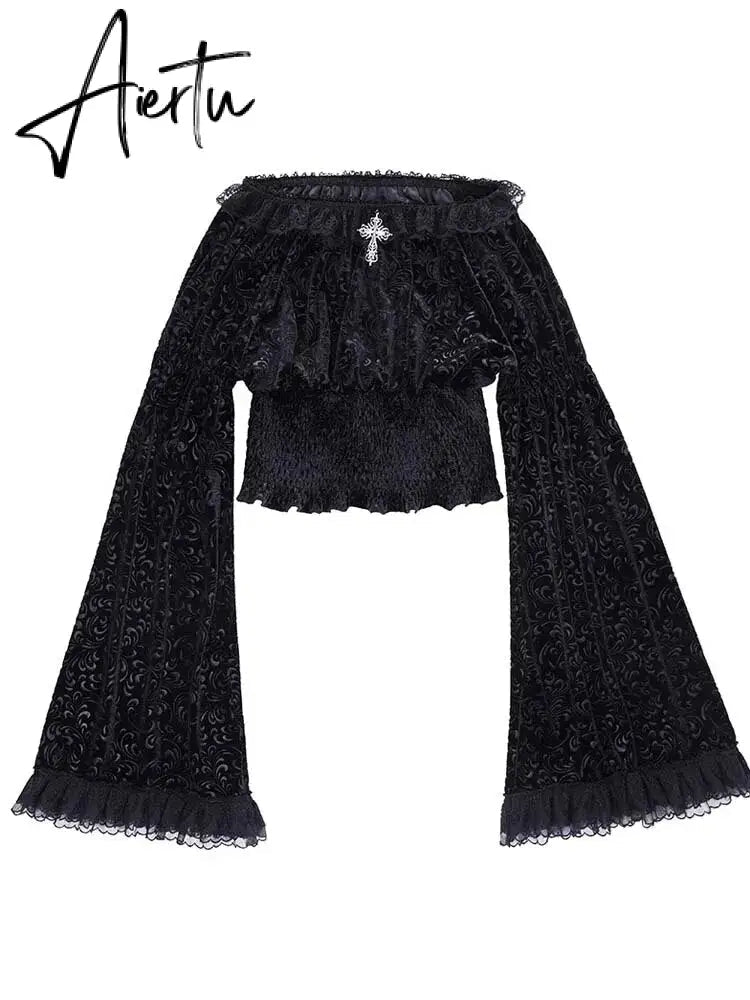 Dark Gothic Sexy Slim Fit Lace Panel Tops Y2K Grunge Vintage Punk Embossed Flare Sleeve Top Women's Autumn New T Shirt for Women Aiertu