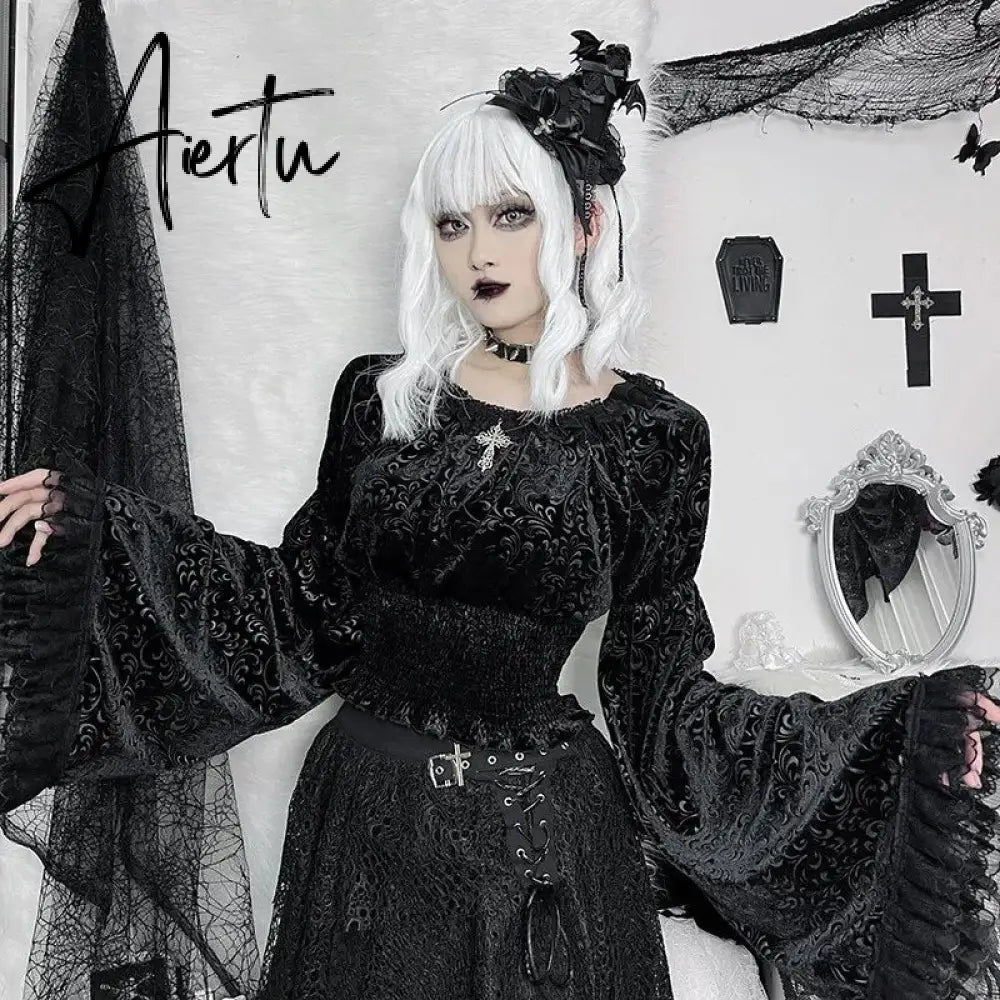 Dark Gothic Sexy Slim Fit Lace Panel Tops Y2K Grunge Vintage Punk Embossed Flare Sleeve Top Women's Autumn New T Shirt for Women Aiertu