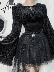 Dark Gothic Sexy Slim Fit Lace Panel Tops Y2K Grunge Vintage Punk Embossed Flare Sleeve Top Women's Autumn New T Shirt for Women Aiertu