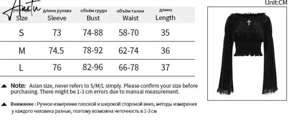 Dark Gothic Sexy Slim Fit Lace Panel Tops Y2K Grunge Vintage Punk Embossed Flare Sleeve Top Women's Autumn New T Shirt for Women Aiertu