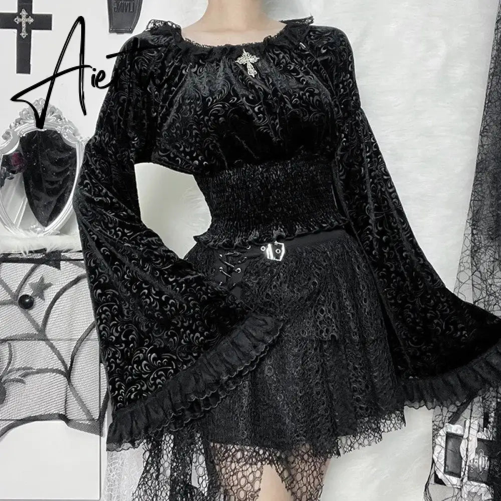 Dark Gothic Sexy Slim Fit Lace Panel Tops Y2K Grunge Vintage Punk Embossed Flare Sleeve Top Women's Autumn New T Shirt for Women Aiertu