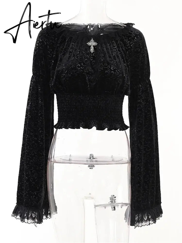 Dark Gothic Sexy Slim Fit Lace Panel Tops Y2K Grunge Vintage Punk Embossed Flare Sleeve Top Women's Autumn New T Shirt for Women Aiertu