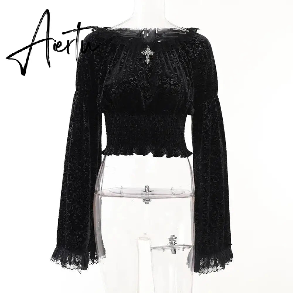 Dark Gothic Sexy Slim Fit Lace Panel Tops Y2K Grunge Vintage Punk Embossed Flare Sleeve Top Women's Autumn New T Shirt for Women Aiertu