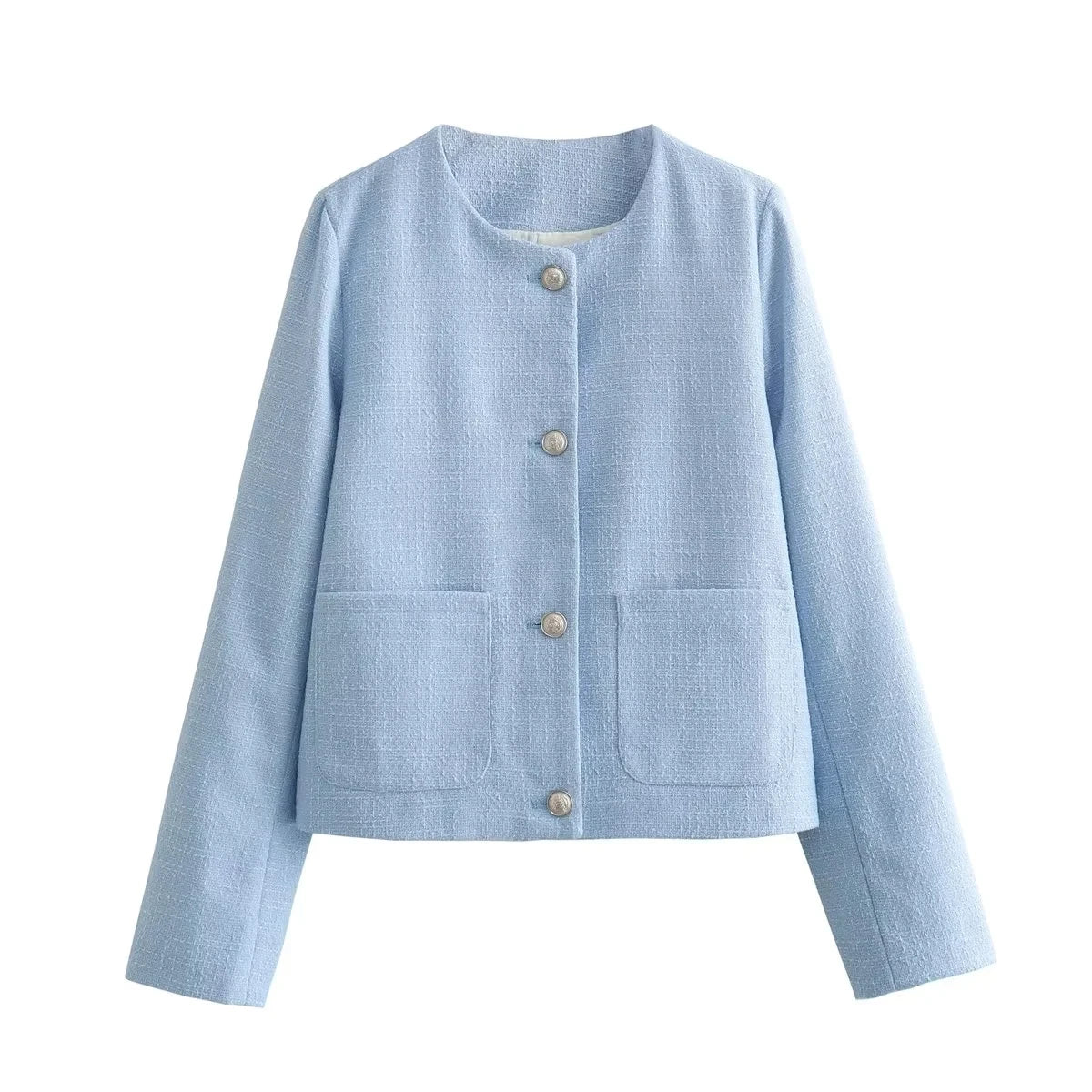 Aiertu  -   Tweed Woolen Short Blazer Jacket Women Single Breasted Pockets Office Lady Vintage Slim Coat Blue Autumn Winter New Aiertu