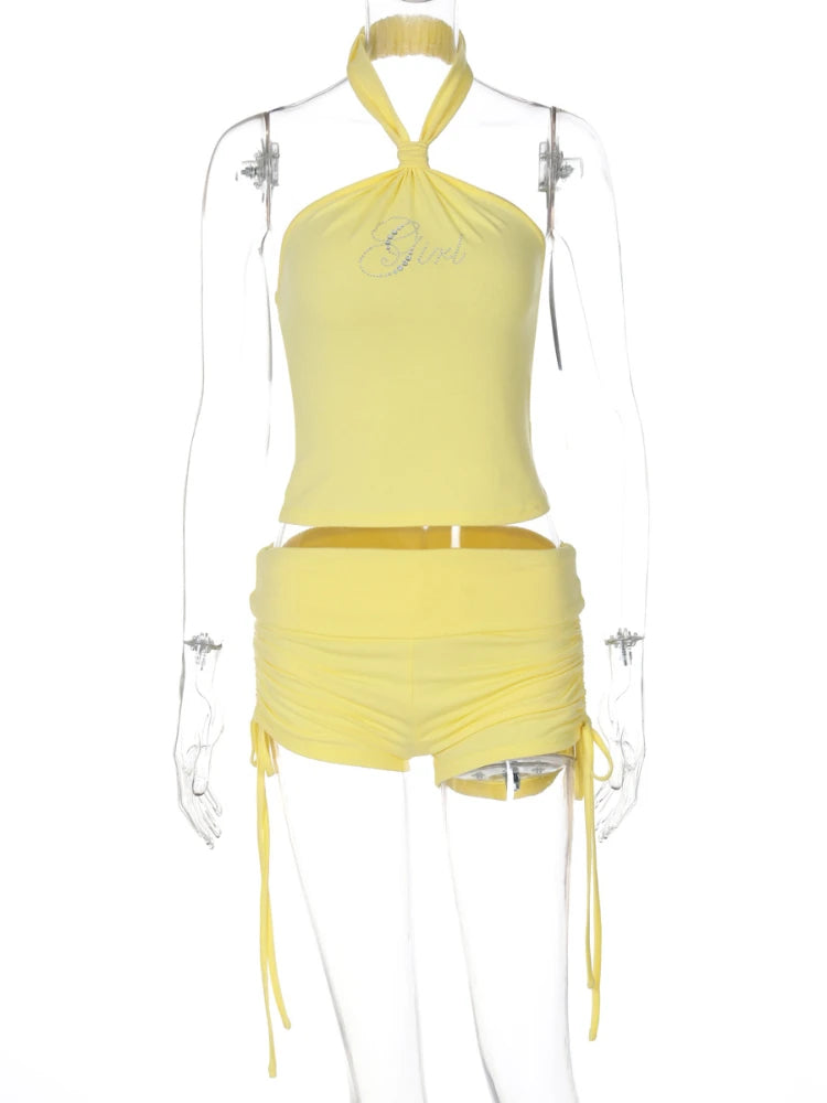 Aiertu  -  Woman Clothing Halter Neck Rhinestones Crop Top+Shirring Shorts 2 Piece Set Y2K Streetwear Girls Summer Super Short Pants Suit Aiertu