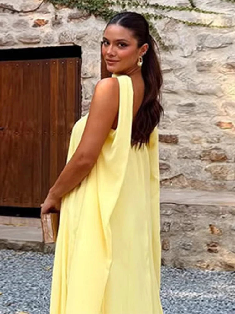 Aiertu  -  Elegant Off Shoulder Maxi Dresses For Women Chic Loose Yellow Sleeveless Scarf Collar Female Robes Pleated Party Lady Vestidos Aiertu