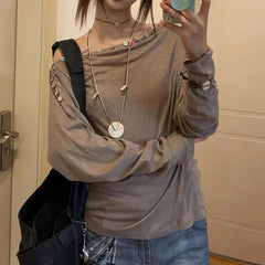 Aiertu  -  Autumn Harajuku Off The Shoulder Buttons Design Tops Y2k Aesthetic American Vintage Loose Women Shirts Japan Punk Girl Clothes Aiertu