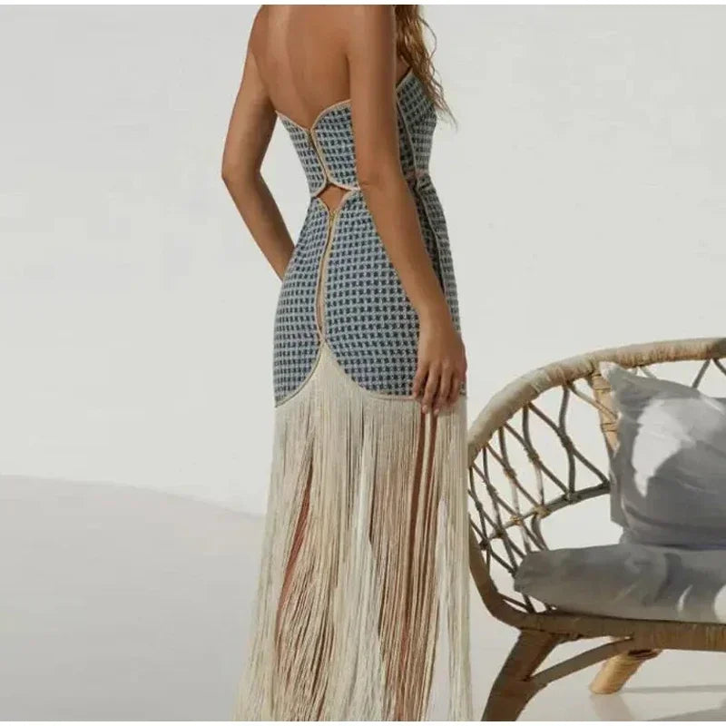 Aiertu  -  Chic Tassel Tube Top Dress Women Elegant Off Shoulder Zipper Backless Hollow Out Dresses 2026 Summer Lady Print Party Vestidos Aiertu