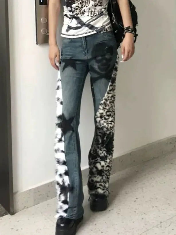 Aiertu  -  High Street Retro Large Size Washed Skull Leopard Print Straight Jeans y2k Winter New Style Hot Girl Slim Low Waist Flare Pants Aiertu