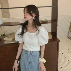 Aiertu Vintage White Blouses Women Backless Puff Sleeve Shirts Summer Korean Elegant Bow Bandage Slim Casual Simple All Match Top Aiertu