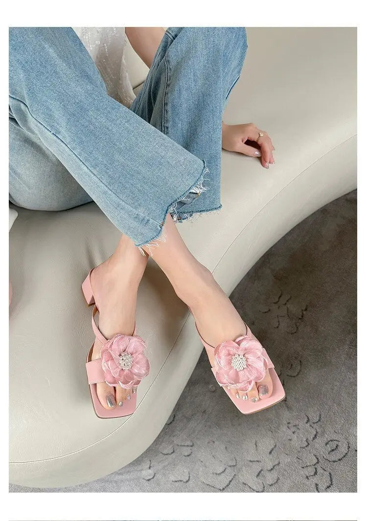 Aiertu  -  New Summer French Square Head Thick with Pearl Flower Flip-flops Women Wear Open-toed Flip-flops with Mid-heels Aiertu