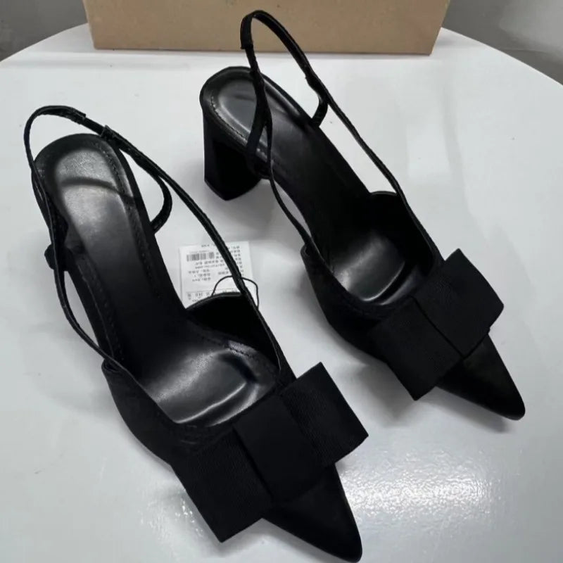 Aiertu  -  Pointed Toe Women's Office Shoes 2025 Spring Black Retro Bow Decoration High Heels Shallow Slingbacks Elegant Ladies Pumps Aiertu