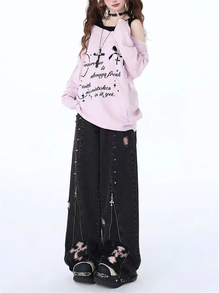 Aiertu  -  Women's Zipper Splicing Design Black Gray Jeans Cool Girl High Waisted Fashion Loose Pants Female Straight Retro Denim Trousers Aiertu