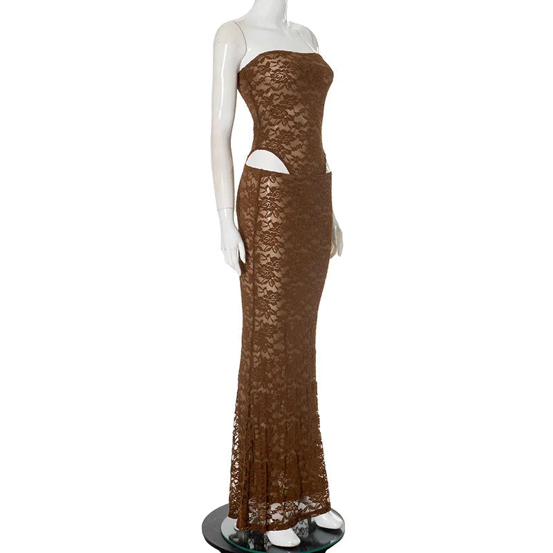 Aiertu  -  New Brown Lace Print High Waist Long Skirt Suit Women Sexy Off Shoulder Slim Short 2 Piece Set Summer New Party Holiday Outfits Aiertu