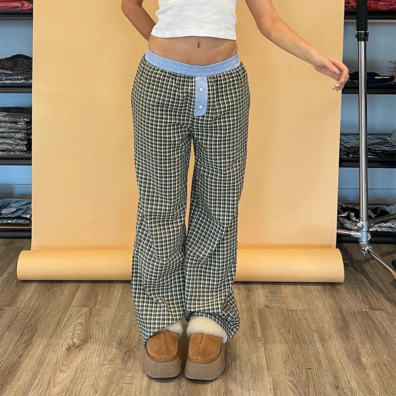 Aiertu  Casual Plaid Elastic Waistband Pants Women Loose Wide Leg Trousers 90s Vintage Cyber Grunge Sweatpants Teen Girl Streetwear Aiertu