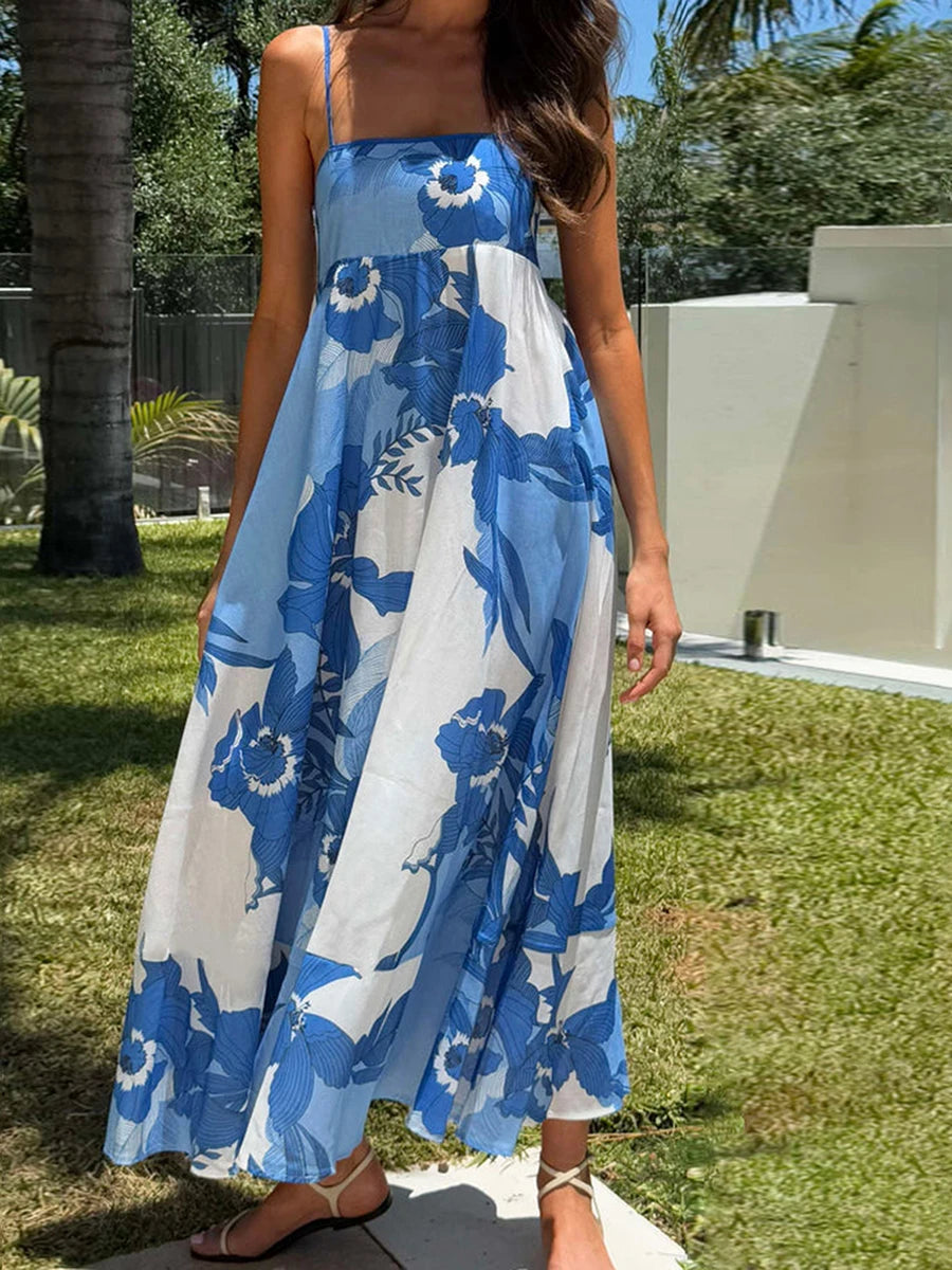 Aiertu  -   Women s Elegant Floral Print Sleeveless Maxi Dress with Adjustable Spaghetti Straps and A-Line Silhouette for Summer Beach Aiertu
