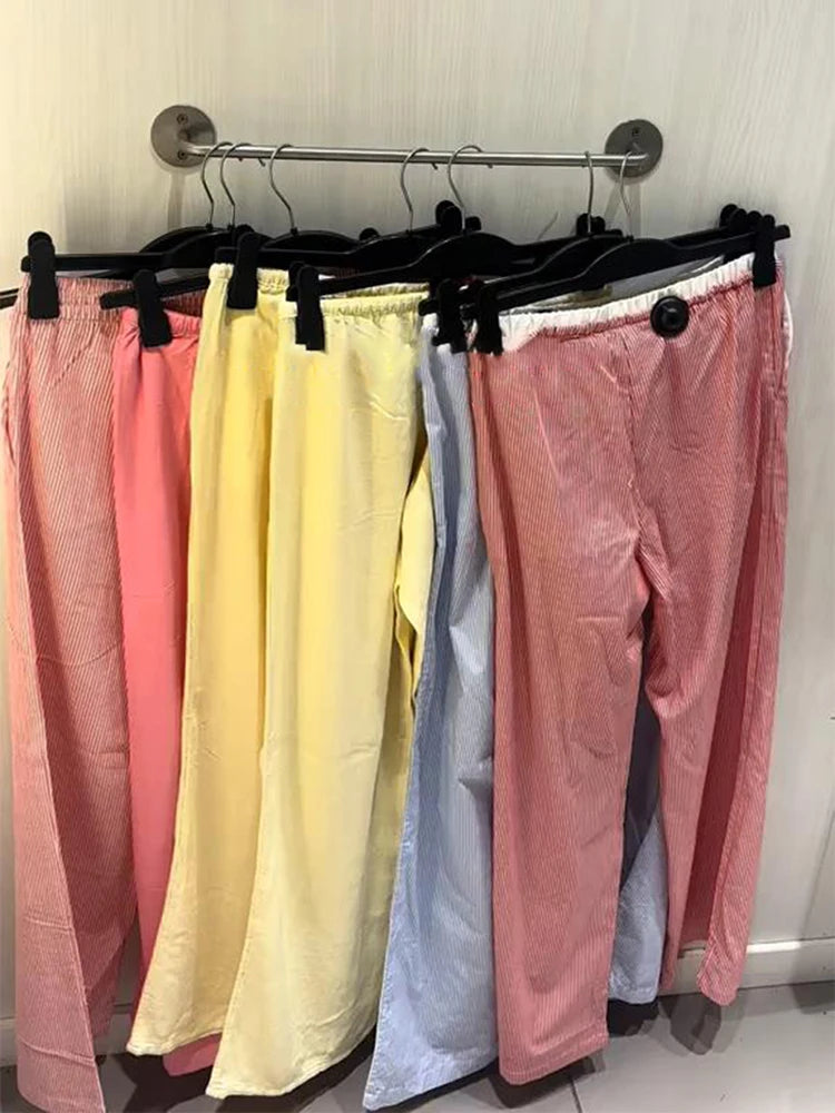 Aiertu  -  Casual Baggy Pants Women High Waist Wide Leg Straight Drawstring 2025 Summer Trouser Low Waist Striped Holiday Street Pants Aiertu