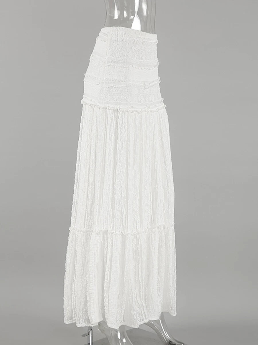 Aiertu  -  New Lace Patchwork White Long Skirt Women High Elastic Waist Textured A-line Maxi Skirts Summer Casual Fashion Holiday Faldas Aiertu