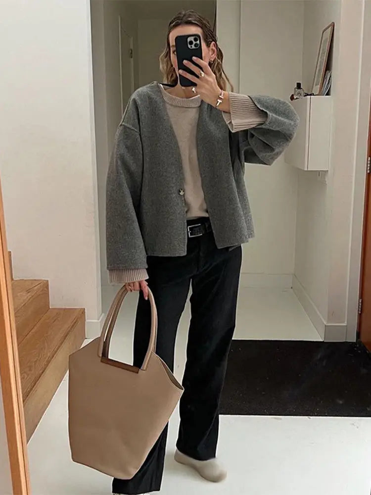 Aiertu  -  Casual Grey Button Fashion V-neck Wool Short Jacket Women's Long Sleeved Cardigan Jackets 2026 Chic Autumn Lady Outerwear Aiertu