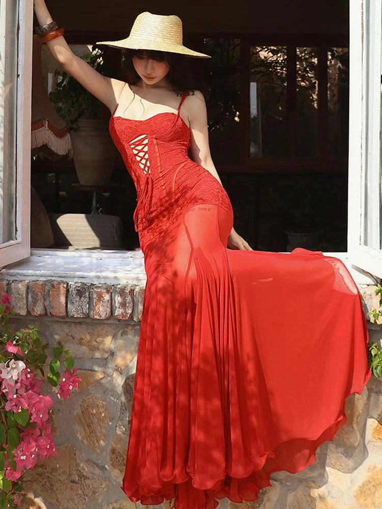 Aiertu  -  Backless Sleeveless Mesh Patchwork Jacquard Maxi Dress Women Hollow Cross Bandage Fishtail Low-Neck Vacation Vestidos Aiertu
