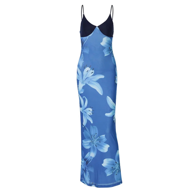 Aiertu  -  Print Sexy Spaghetti Strap Maxi Dress For Women V-neck Mesh Fashion Print Slim Fit Sleeveless Backless Holiday Dress Aiertu