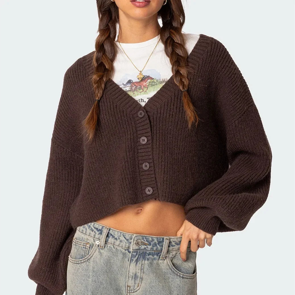 Aiertu  -  Women's Knit Crop Cardigan Casual Loose Solid Color V Neck Long Sleeve Button Down Sweater for Winter Fall Streetwear Aiertu