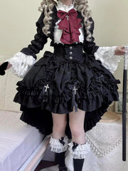Aiertu  -  Sweet 3 Piece Sets Women Ruffled Collar Lolita Shirt + Print Crop Coat + Irregular Cake Bow Skirts Streetwear Y2k Outfits Suit Aiertu