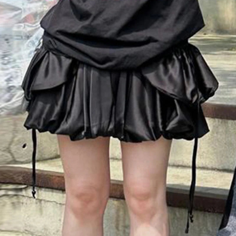 Aiertu  -  Y2K Sweet Cool Mini Bud Skirt Hottie Girls Low Waisted Fake Pocket Lacing Satin Bubble Half Skirt Fashion Casual Daily Wear Aiertu