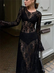 Aiertu  -   Black Lace Printed Long Dress For Women See-Through Hollow Out High Waist Patchwork Sexy Party Dress Women's Summer Dress Aiertu