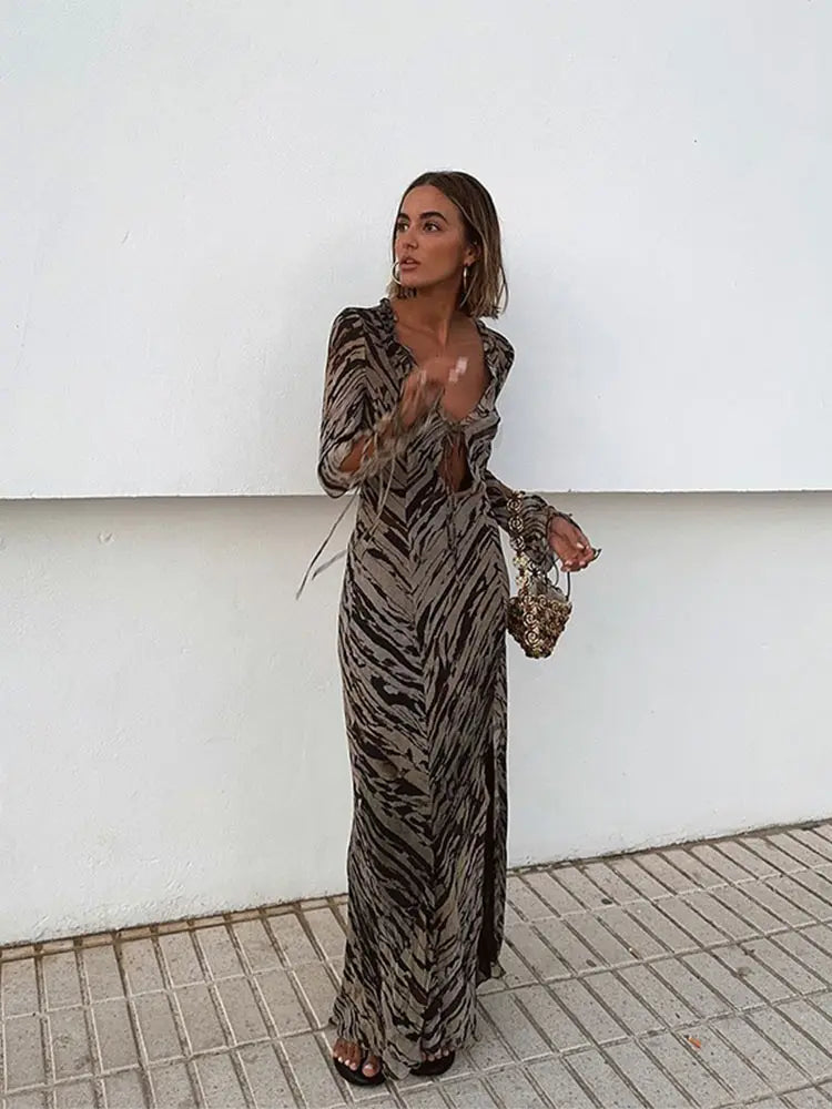 Aiertu     -  Fall Outfits 2026 Sexy Hollow Out V-neck Lace Up Party Dress Women Chic Striped Long Sleeve Split Midi Dresses 2026 Summer Lady Casual Club Gowns Aiertu