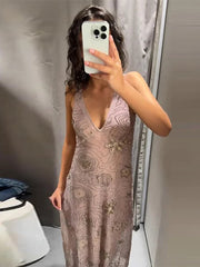 Aiertu  Chic Floral Sequin Bead Embroidery Ruffle Sling Dress For Women Y2k Sleeveless Backless Evening Dress Vacation Beach Party Robes Aiertu